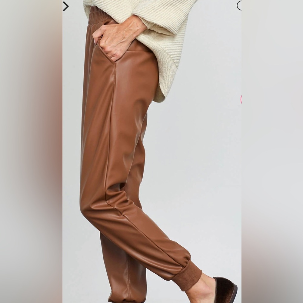 NWT RD Style Cognac Vegan Leather Jogger Pant Size Large - Picture 3 of 7